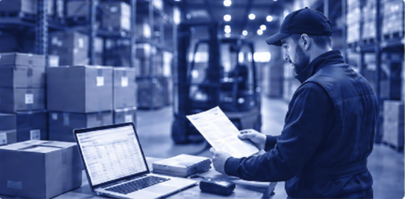 Warehouse worker reviewing supplier documents